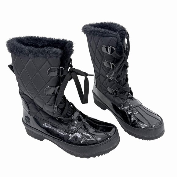 TOTES CLAUDIA BLACK QUILTED & SHINY LACE UP WINTER SNOW BOOTS W/ FAUX FUR 7 - Picture 2 of 9